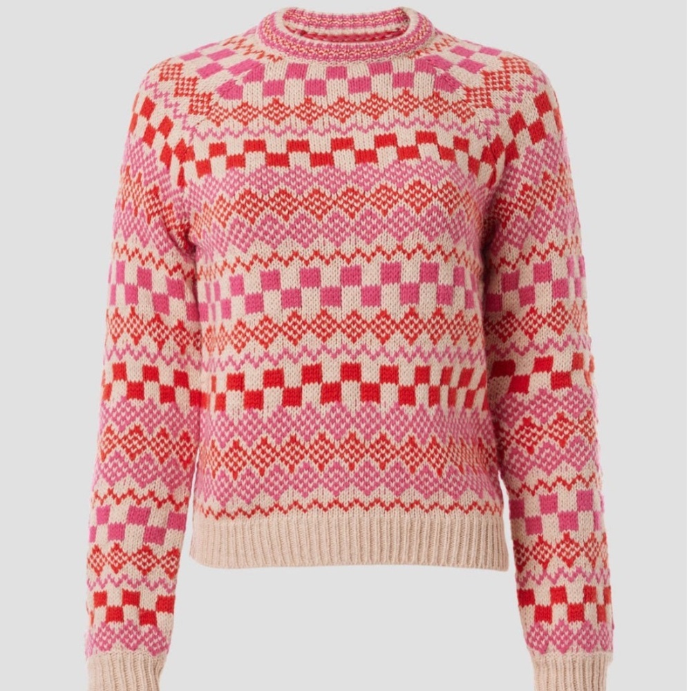 Charming Pink and Red Crew Neck Sweater with Nordic Pattern